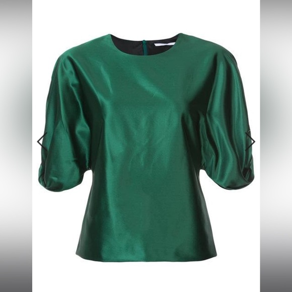Rosetta Getty green stretch-satin blouse knotted puff sleeves size 4 MSRP $750 - Picture 2 of 12